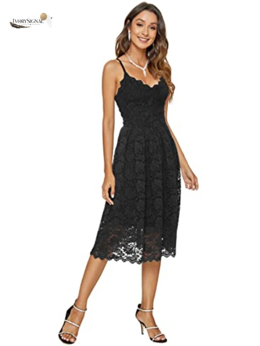 Elegant Lace Floral Spaghetti Strap Swing Dress V-Neck Party Evening